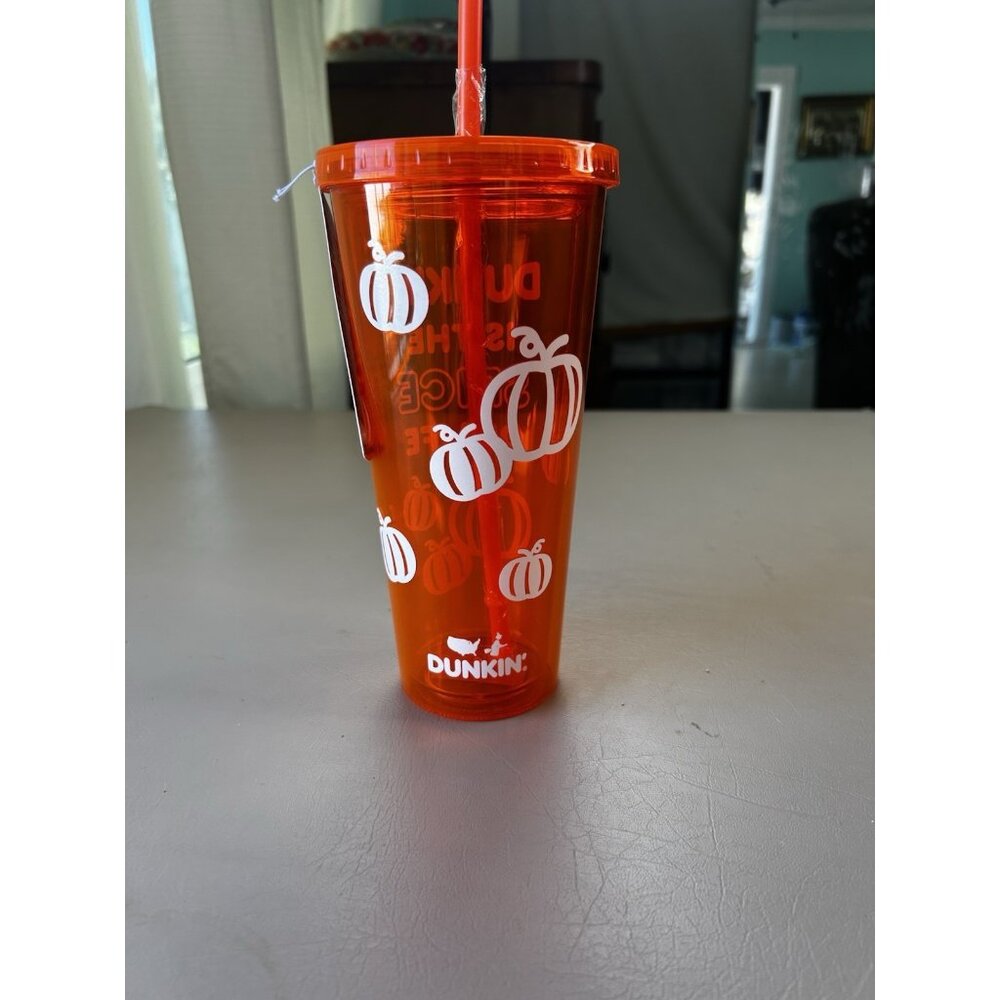 Dunkin Donuts Glow In The Dark Tumbler Cup Straw 24oz Orange Pumpkin Spice NWT - Picture 5 of 12
